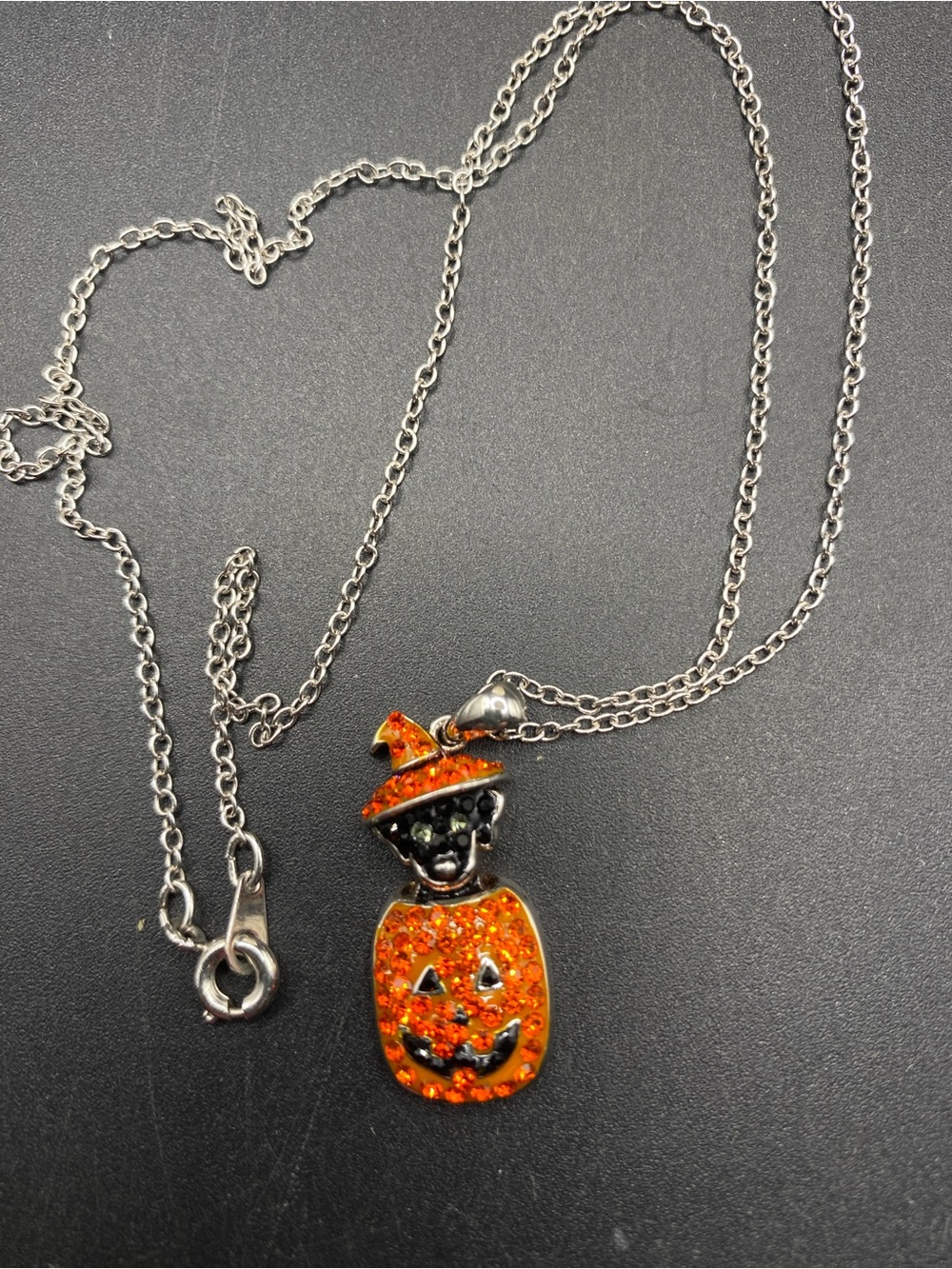 Halloween Pumpkin & Black Cat With Rhinestones Necklace